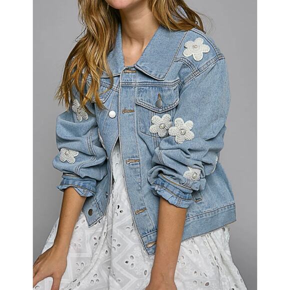 POL Women Pearl Flower Embellished Denim Jacket - Picture 2 of 8